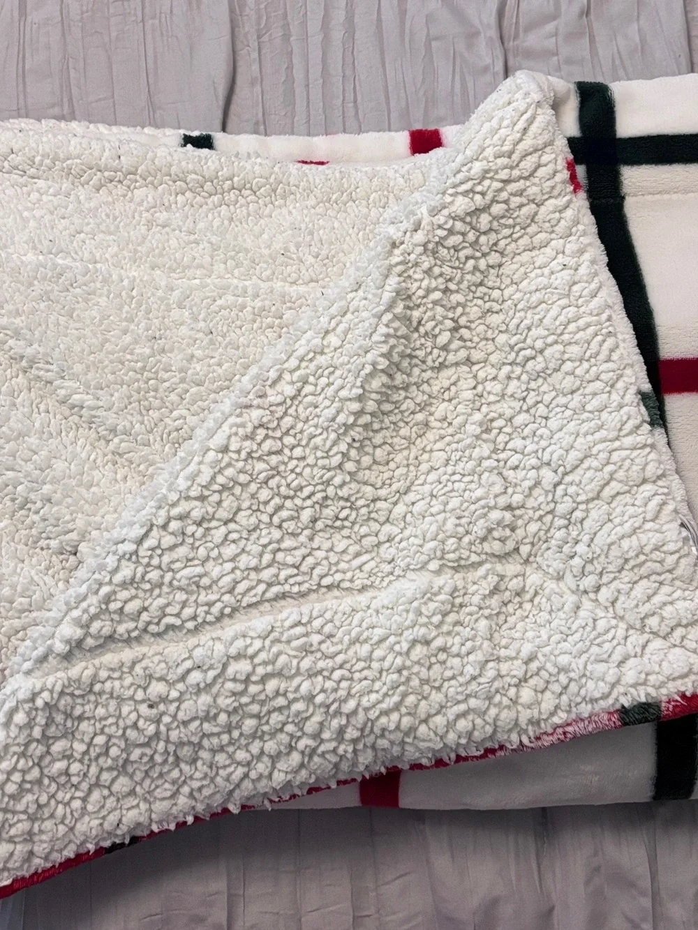 Cozy White Plush Throw Blanket with Red and Green Plaid